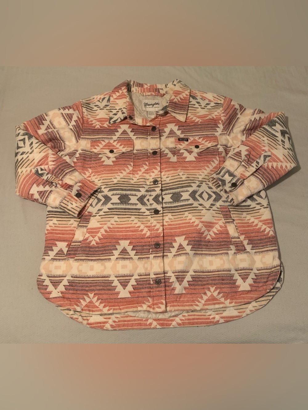 Wrangler Women’s Aztec-Print Button Front Jacket in Peach, Cream & Gray